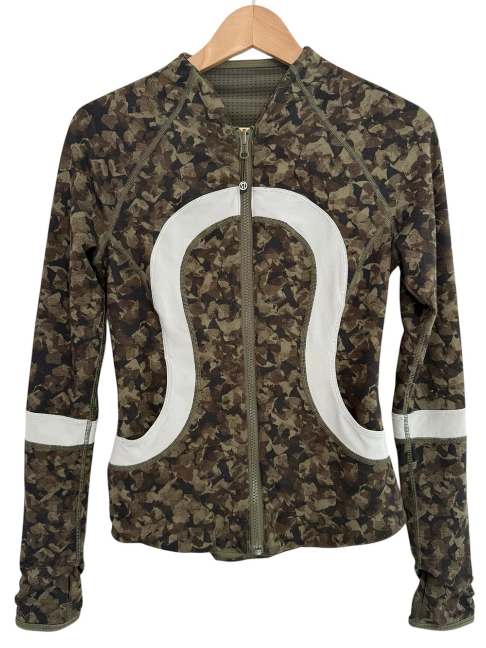 Lululemon Reversible Camo Olive Green White Panel Zip Front Jacket Size 4